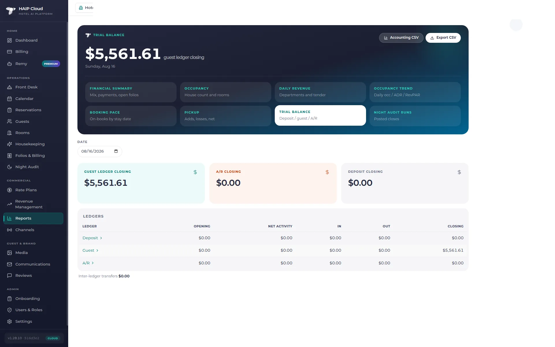 HAIP PMS Cloud Trial Balance report with guest, deposit, and A/R ledger closings